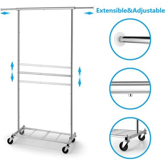Standard Clothing Garment Rack with Wheels & Bottom Shelves, Extendable, Chrome - Picture 2 of 6